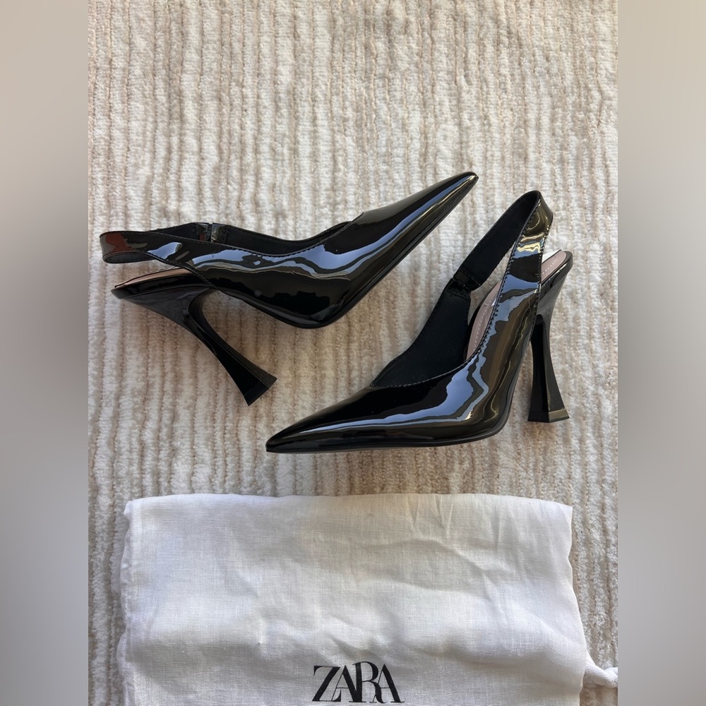 NWT ZARA PATENT LEATHER BLACK POINTY TOE SLINGBACK HEELS SIZE 36/6